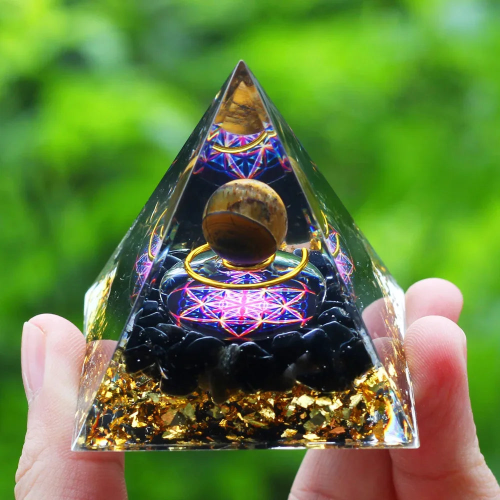 Orgone Pyramid Moonstone Crystal Ogan Crystal Energy Tower Nature Reiki Chakra Crushed Stone Jewelry Flower of Life Crystal Orgonite Pyramid Healing Chakra Pyramid