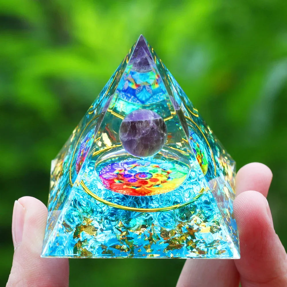 Orgone Pyramid Moonstone Crystal Ogan Crystal Energy Tower Nature Reiki Chakra Crushed Stone Jewelry Flower of Life Crystal Orgonite Pyramid Healing Chakra Pyramid