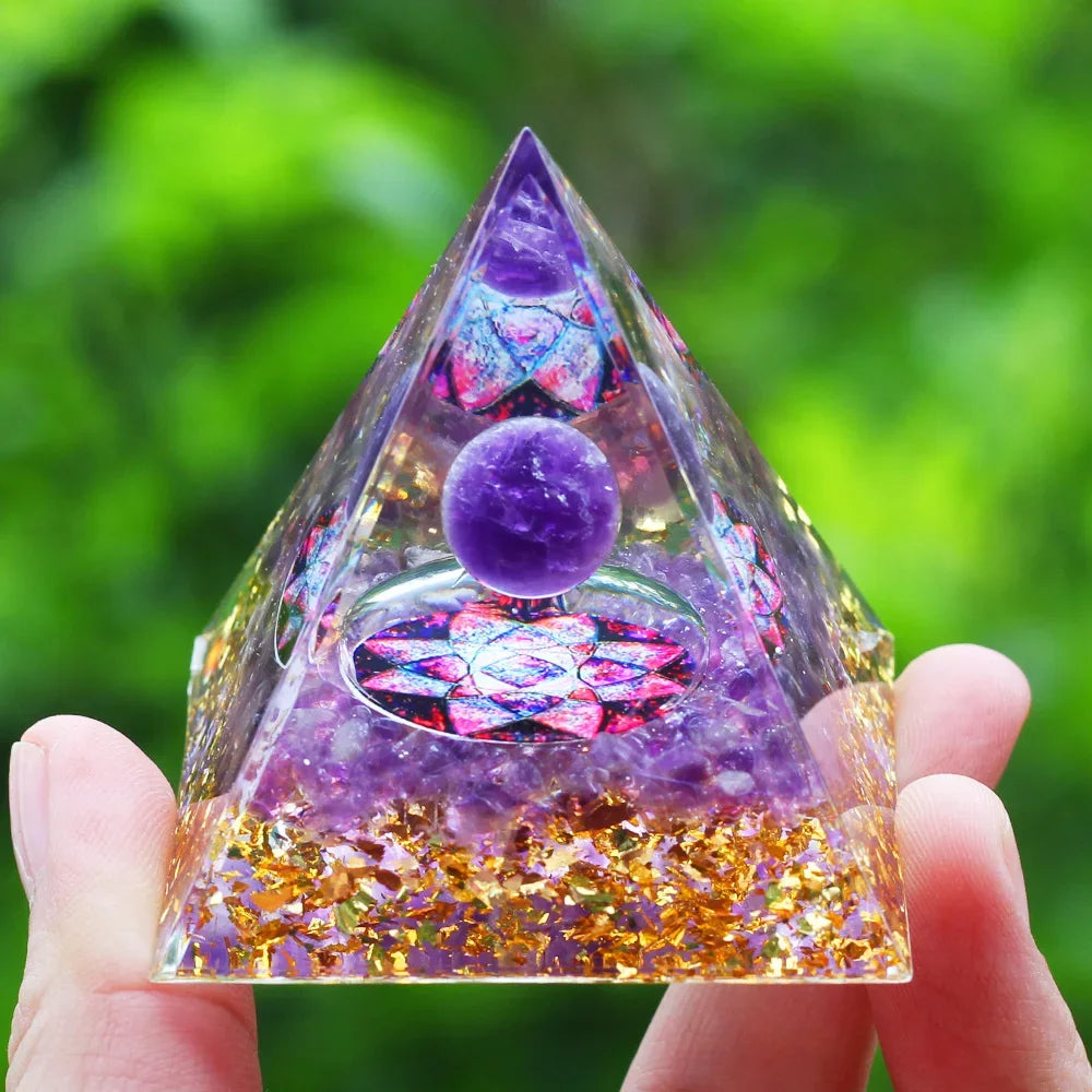 Orgone Pyramid Moonstone Crystal Ogan Crystal Energy Tower Nature Reiki Chakra Crushed Stone Jewelry Flower of Life Crystal Orgonite Pyramid Healing Chakra Pyramid